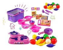 Kit Cozinha Infantil Brinquedo Fogão + Cesta Frutas Legumes Cor Colorido