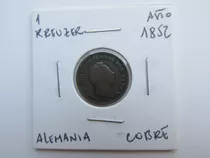 Antigua Moneda Alemania 1 Kreuzer Cobre Año 1852 Escasa