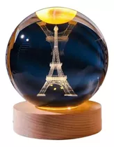 Lampara Bola Cristal Torre Eiffel Led Veladora Base Madera