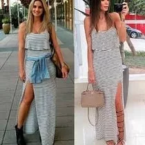 Vestido Longo Com Fenda E Babado Listrado Alça Fina 