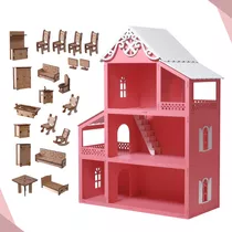 Casa Casinha Boneca Polly Mdf Pintada + Kit 20 Mini Móveis