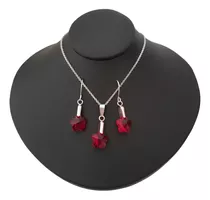 Set Pack Aretes Collar Mujer Flor Rojo Joya En Plata 