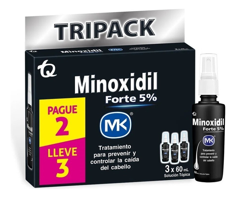 MK Minoxidil Forte 5% Mk 5G Solución Tópica En Caja Por 3 Frascos De 60 mL C/U