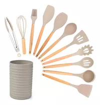 Kit Utensílios De Cozinha 12 Peças Silicone Colorido Cor Bege