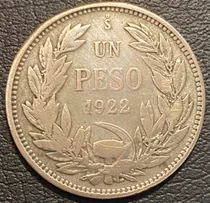 Moneda Chilena Un Peso Año 1922 Águila Sobre Roca. Plata 0.5