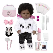 Boneca Tipo Reborn Menina Negra Panda Com Bolsa Acessórios