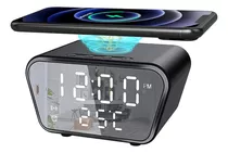 Reloj Digital Cargador Rapido Inalambico Alarma Temperatura Color Negro