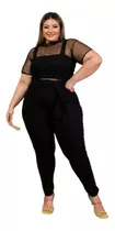 Kit Trio 3 Peças Plus Size Blusa Tule +cropped +calça Brinde