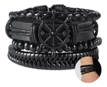 Conjunto Pulsera Brazalete Hombre Cuero 4 En 1 Timon