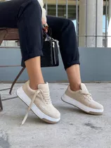 Zapatillas Sneakers Beige Hueso Crema Con Plataforma Nuevas