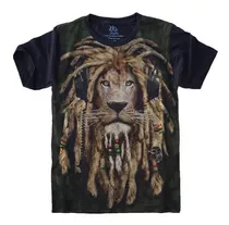 Camiseta Unissex Dread Lion Reggae Preta Algodão Manga Curta