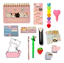 Kit Papelaria Planner Caneta Marca-texto Clipes Estilete 