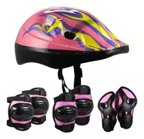 Casco + Set Protección Rodilleras Coderas Muñequeras - Otec Color Rosap