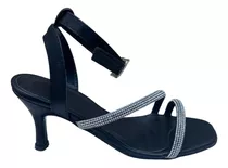 Sandalia Negra Strass Fiesta Taco 6 Cm  Con Talles Grandes