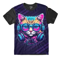 Camiseta Plus Size Gato Fone Music Psicodelico Neon Party