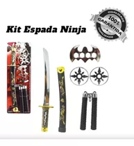 Kit Brinquedo Samurai Espada Com5 Acessórios Ninja Infantil Cor Preta Em Detalhe Prateados E Dourados