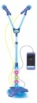 Microfone Duplo Azul Infantil Com Pedestal Luz Som Karaokê
