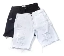 Kit 2 Bermudas Jeans Masculina Rasgada Branca E Preta