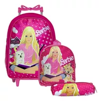 Mochila Escolar Feminina Barbie De Rodinha Reforçada Toys 2u Cor Rosa Desenho Do Tecido Liso