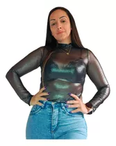 Crop Top Mujer Microtul Corto Sexy Manga Larga Transparente