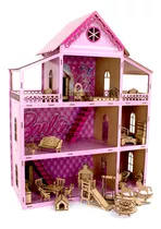 Casa De Bonecas Rosa 80cm + Kit Mini Móveis Adesivada