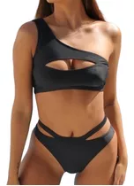 Bikini Malla Negra Tiro Alto De Un Hombro