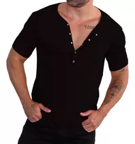 Camisa Henley Botão Pressão Masculina Slim Viscose