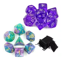 2 Conjuntos Dados Rpg Roxo Translúcidos E Galaxia C/7 Bolsa Cor Galaxia E Roxo Translúcidos