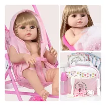 Boneca Reborn Realista 100% Silicone Loira Enxoval Carrinho