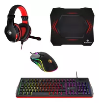 Set Gamer Njoytech Con Teclado, Mouse, Audífonos Y Mouse Pad Color Del Teclado Negro/rojo