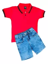Kit Camisa Polo Infantil + Bermuda Jeans Menino 1 E 2 Oferta