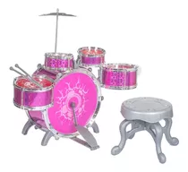 Bateria Infantil Rock Party Com Banquinho Banqueta Meninos Cor Rosa