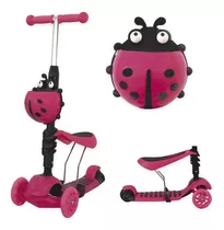 Patinete Infantil Rosa 03 Rodas Joaninha Regulável Com Led