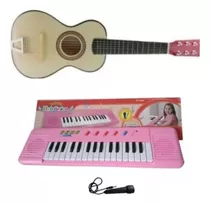 Kit Piano Teclado Rosa Musical + Mini Violão Infantil