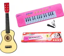 Kit Musical Mini Violão + Teclado Piano Infantil Rosa Menina