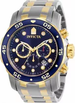 Relógio De Pulso Invicta Pro Diver Scuba 0077 Com Corpo Aço,  Analógico, Para Masculino, Fundo  Azul, Com Correia De Aço Inoxidável Cor Aço E Ouro, Agulhas Cor Branco E Ouro E Vermelho, Subdials De Co