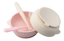 2 Platos Hondos De Silicón Con Succión Y 2 Cucharas Papubaby Color Beige - Rosa Pastel Bowl Con Succion