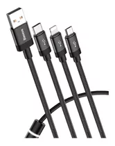 Cable 3 En 1 Usb A iPhone Tipo C Micro 1.2 Mts Datos Y Carga Color Negro