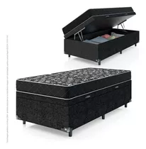 Cama Box Baú Solteiro + Colchão D20- Suede Preto 56x88x188cm