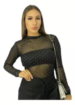 Blusa Manga Longa Tule Transparente Preta Strass Planet Girl