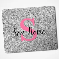 Mouse Pad Nome Personalizado Efeito Glitter Cinza E Rosa