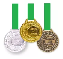 100 Medalhas 29mm Honra Mérito Ouro Prata Bronze Aço C/ Fita