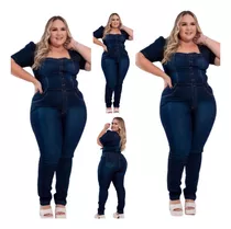 Macacão Jeans Feminino Manga Bufante Plus Size Rubi Laycra