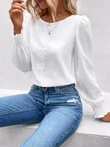 Blusa Estilo Francesa Con Encaje, Color Blanco, Manga Larga