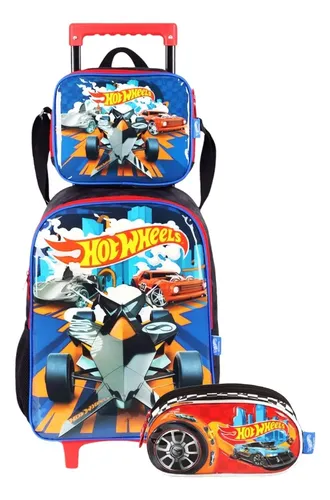 Kit Mochila Hot Wheels Escolar Rodinhas Meninos Lancheira