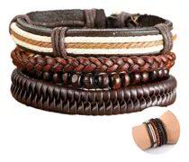 Conjunto Pulsera Brazalete Cuero 4 En 1 Trenzado Marron