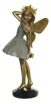 Escultura Decor Poliresina Menina Fada Verde Dourado 24,5cm