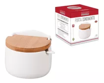 Saleiro Porcelana De Mesa Com Tampa De Bambu Porta Temperos Condimentos Especiarias Açucareiro