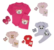 Conjunto Body Bebê Calça Mijão Bordados + Sapatinho 3 Peças