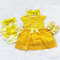 Vestido Luxo Rn A 8 Meses Renda Baby Kit 5 Pçs Linda Menina
